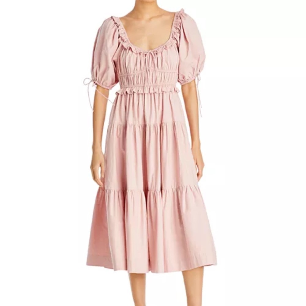 En Saison Poplin Puff-Sleeve Tiered Midi Dress